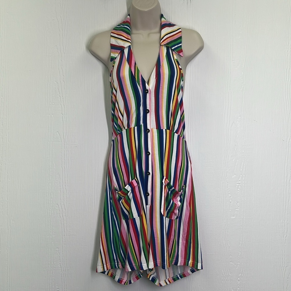Mod Cloth - Rainbow Stripe Button Down Halter Short Romper Size Medium - Picture 3 of 11
